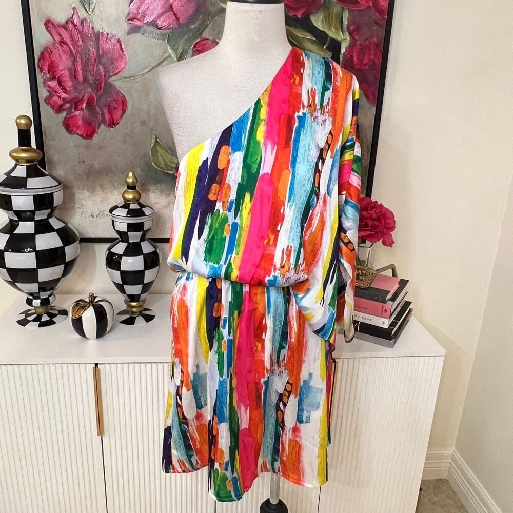 Judith March Women's Abstract One Shoulder Blouson Dress Multicolor Large